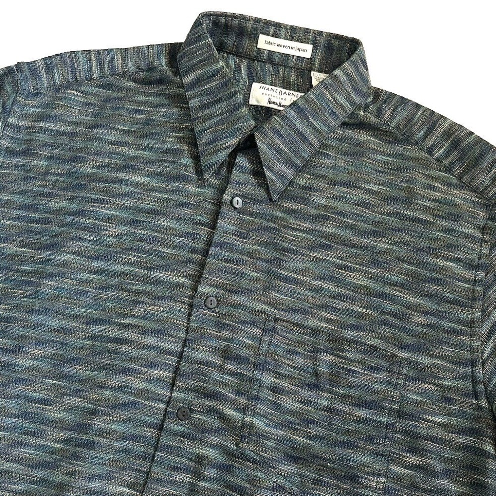 Vtg Jhane Barnes Japan Woven Striped Button Shirt Men XL Rayon Cotton Green Blue